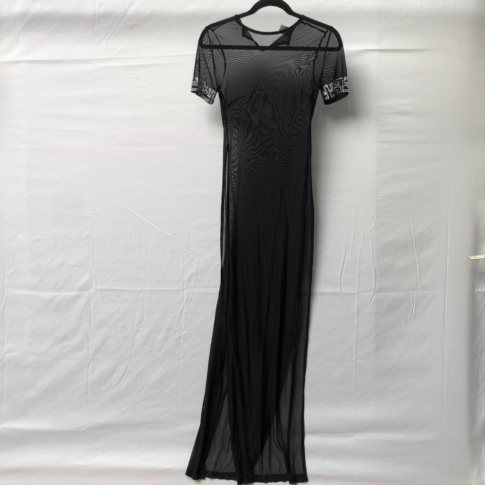 Sexy Black Sheer Maxi Cover up Dress with Embellished Short Sleeves S